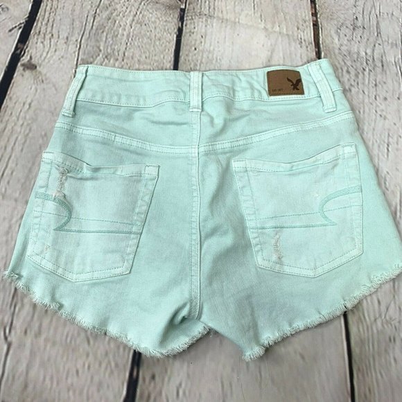 American Eagle Denim Shorts size 00 Mint Green Cut Off Fray Distressed High Rise - Picture 1 of 4